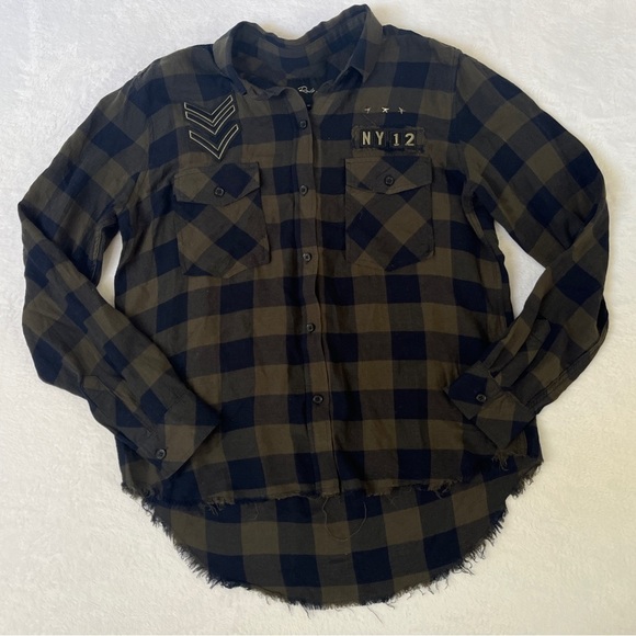 Rails sz M Tencel Linen Checkered Patched Army Distressed Button Down Flannel - Picture 10 of 14